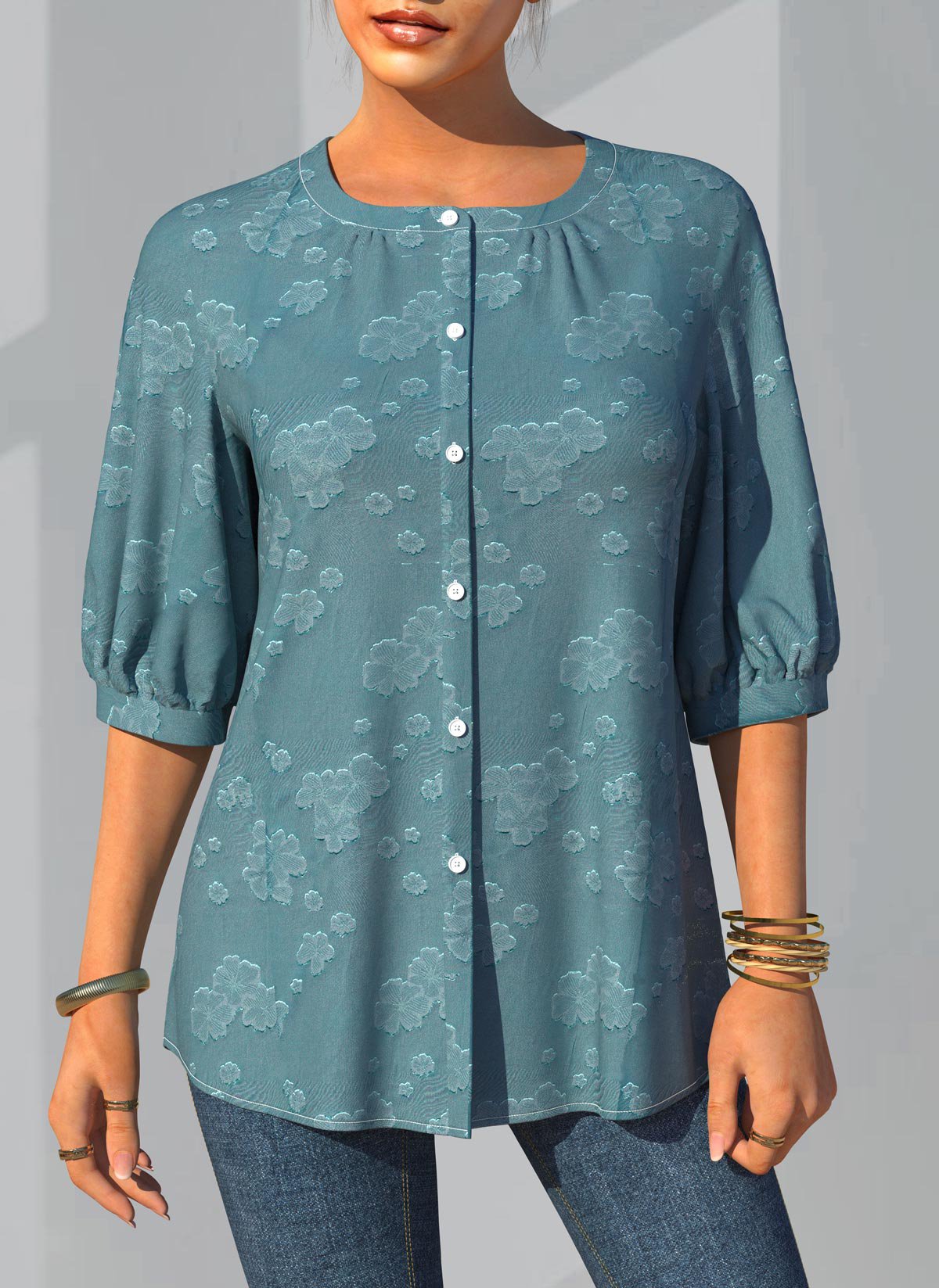 ROTITA Button Detail 3/4 Sleeve Solid Blouse
