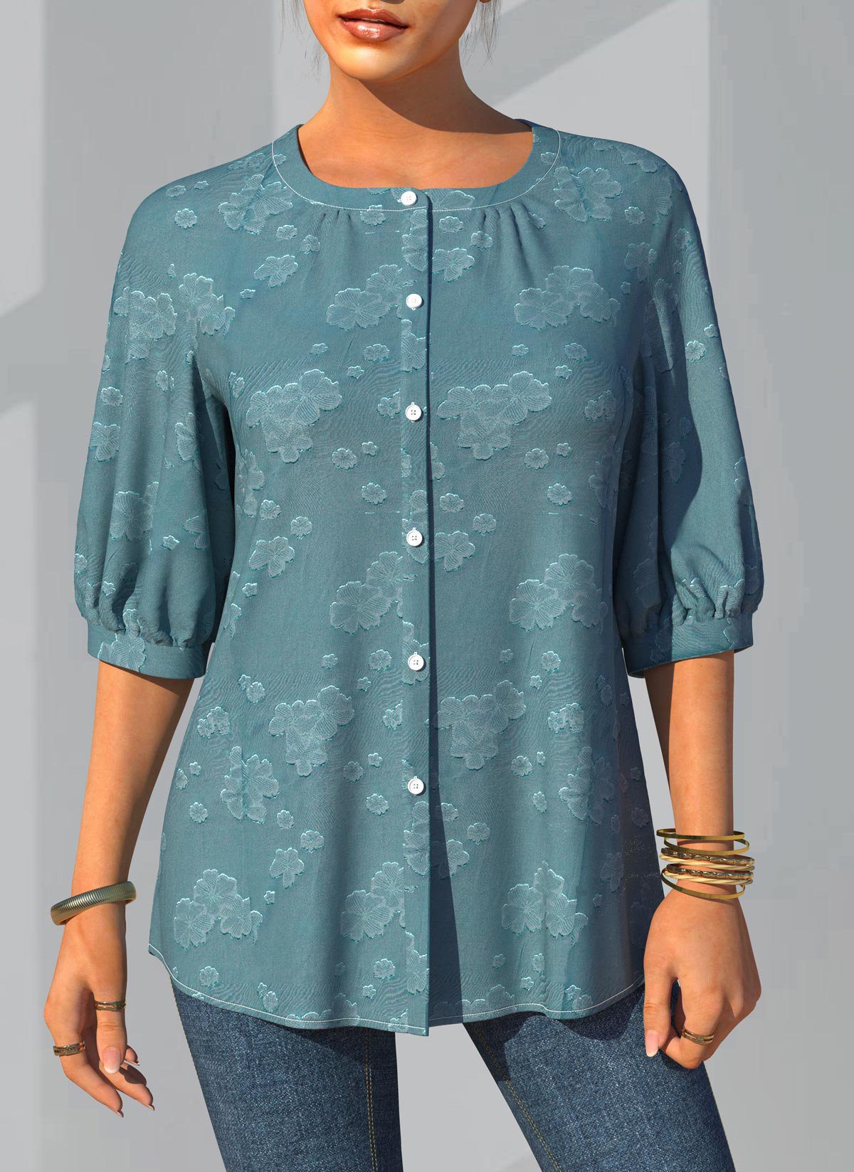 ROTITA Button Detail 3/4 Sleeve Solid Blouse | Rotita.com - USD $12.99