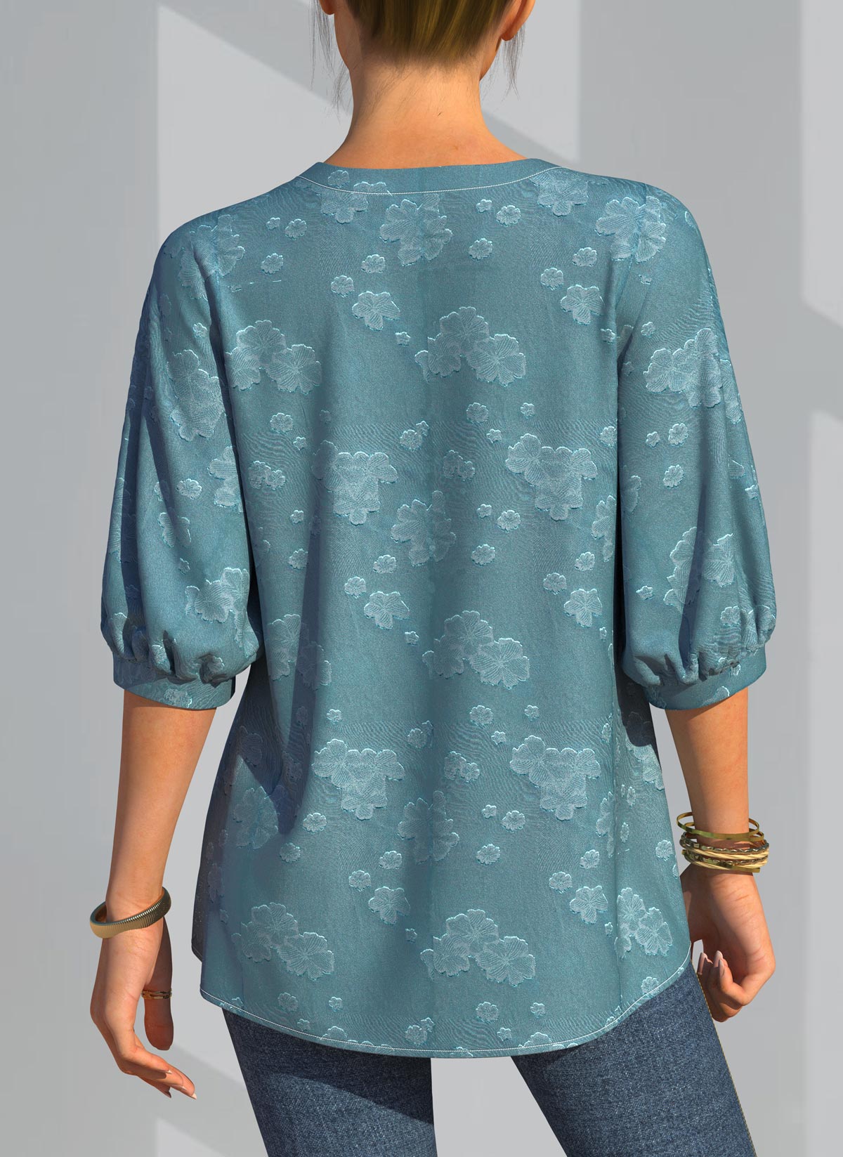 Blue tops,Plain Color tops,ROTITA Button Detail 3/4 Sleeve Solid Blouse