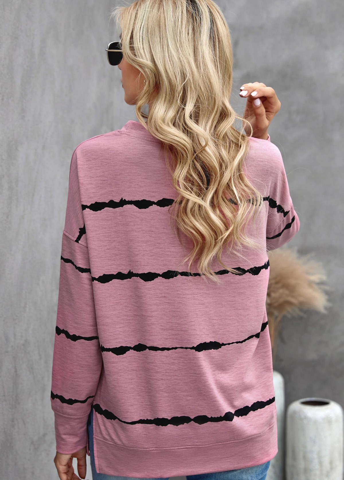 Pink tops,Striped tops,Striped Long Sleeve Round Neck Sweatshirt