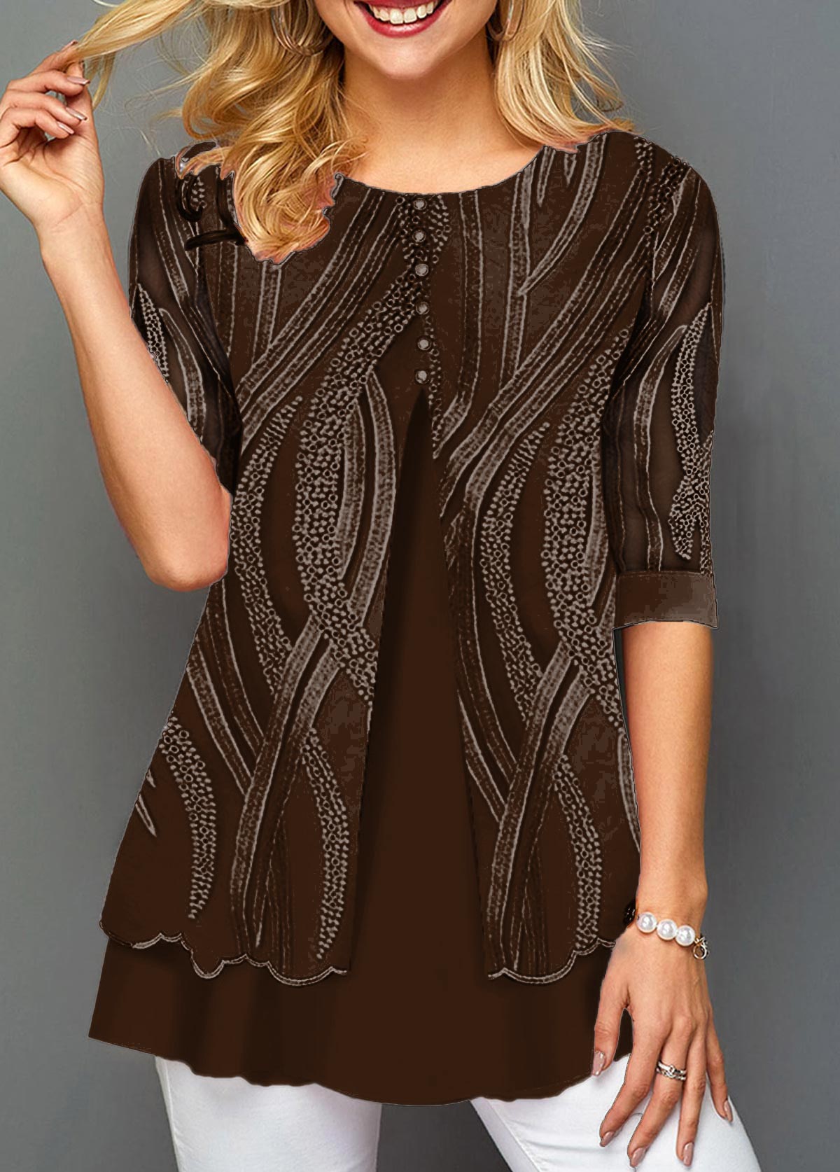 Plain Color tops,ROTITA Layered Hem Round Neck Lace Panel T Shirt