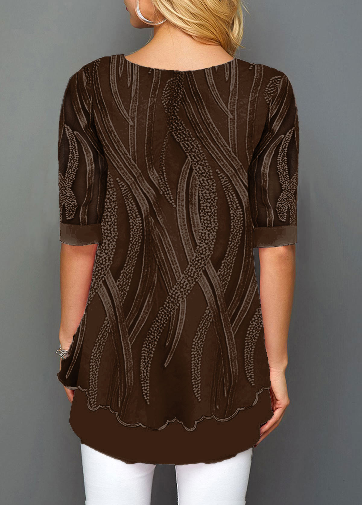 Plain Color tops,ROTITA Layered Hem Round Neck Lace Panel T Shirt