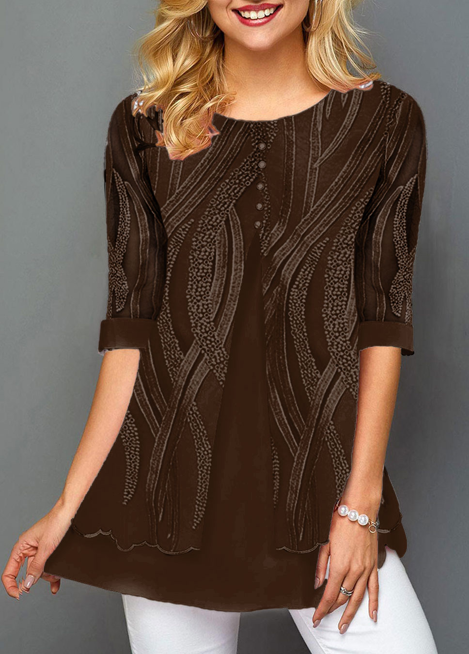 Plain Color tops,ROTITA Layered Hem Round Neck Lace Panel T Shirt