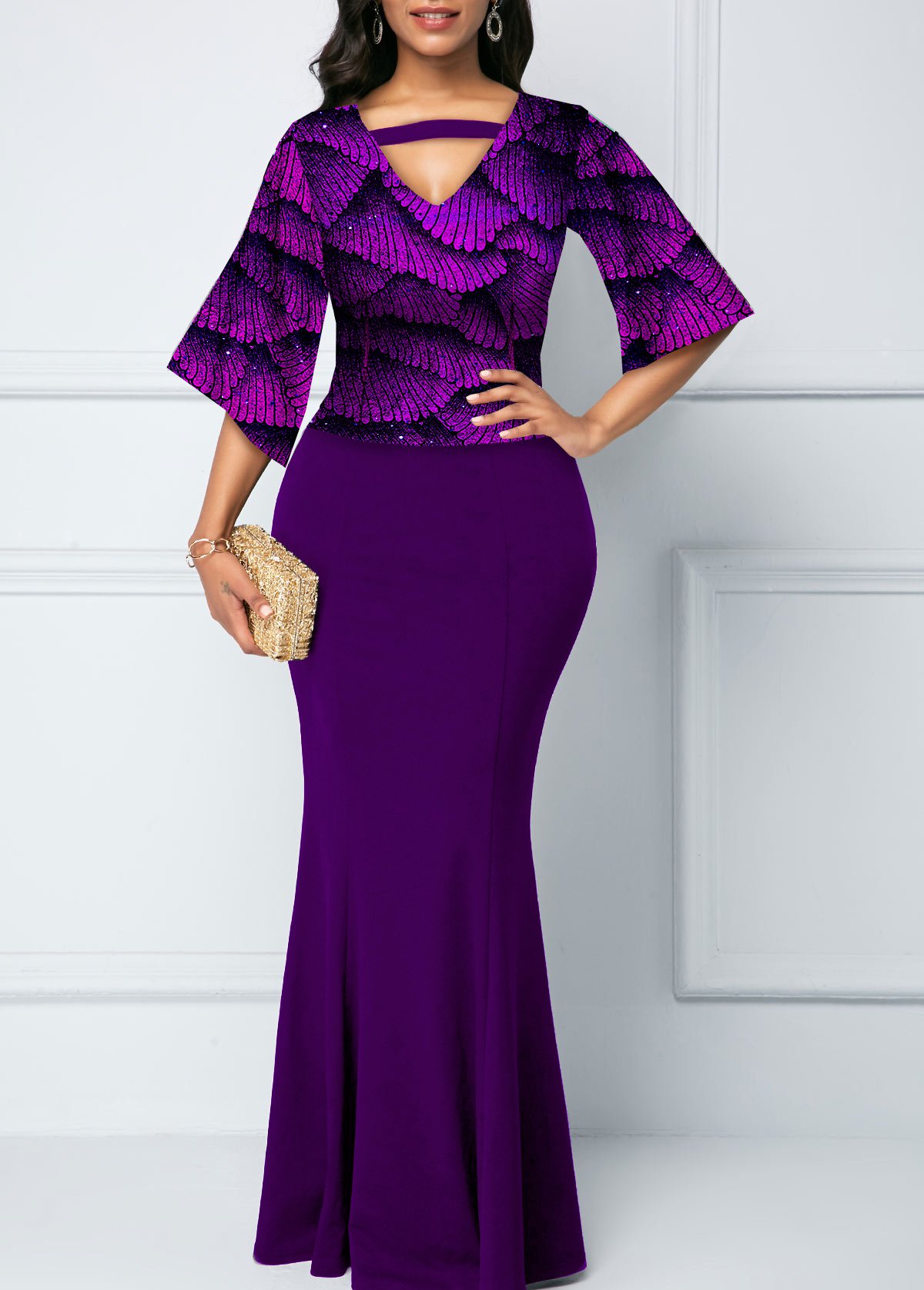 ROTITA Sequin Hot Stamping Print 3/4 Sleeve Mermaid Dress