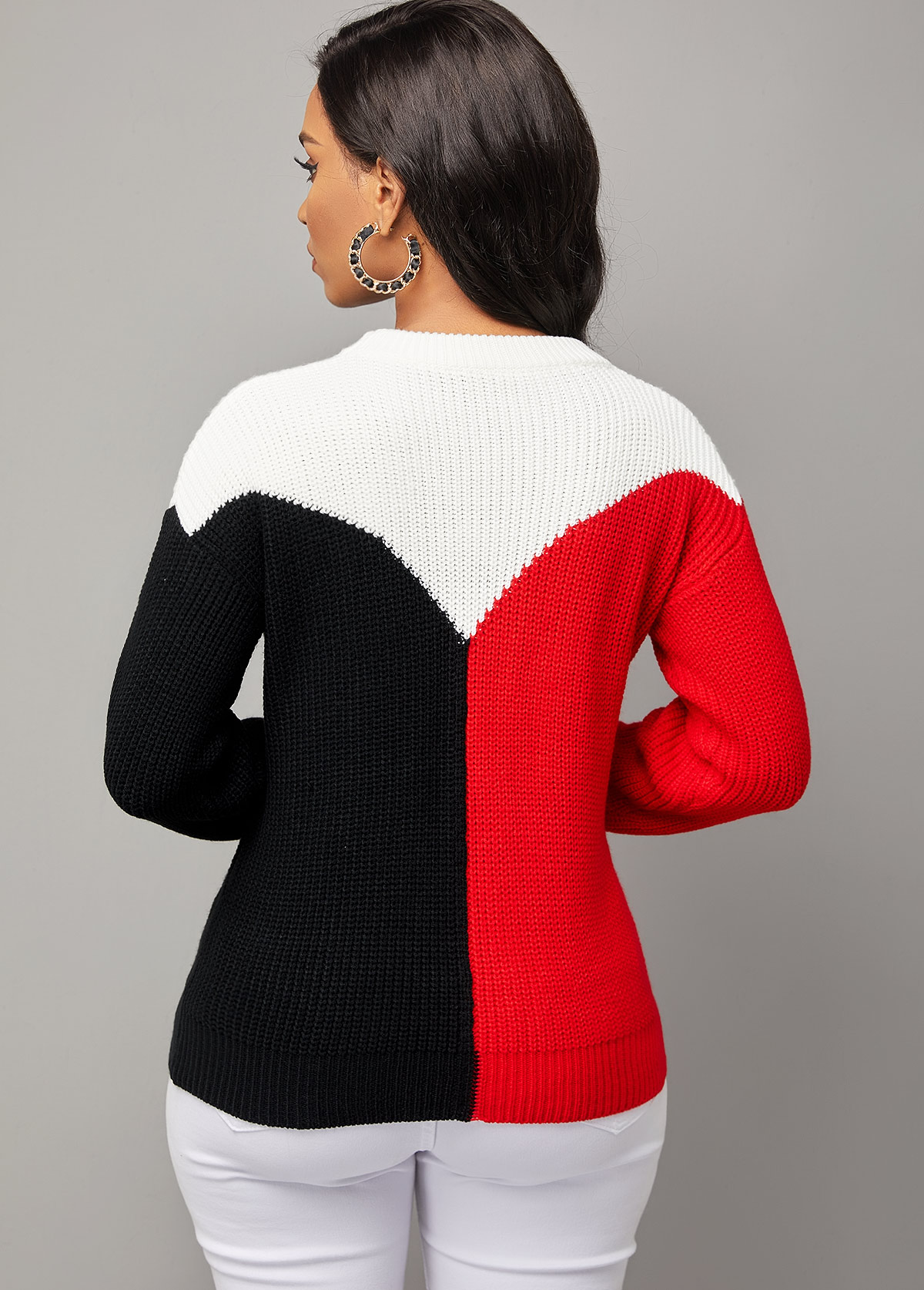 Multi Color tops,Contrast Color tops,ROTITA Round Neck Long Sleeve Contrast Sweater
