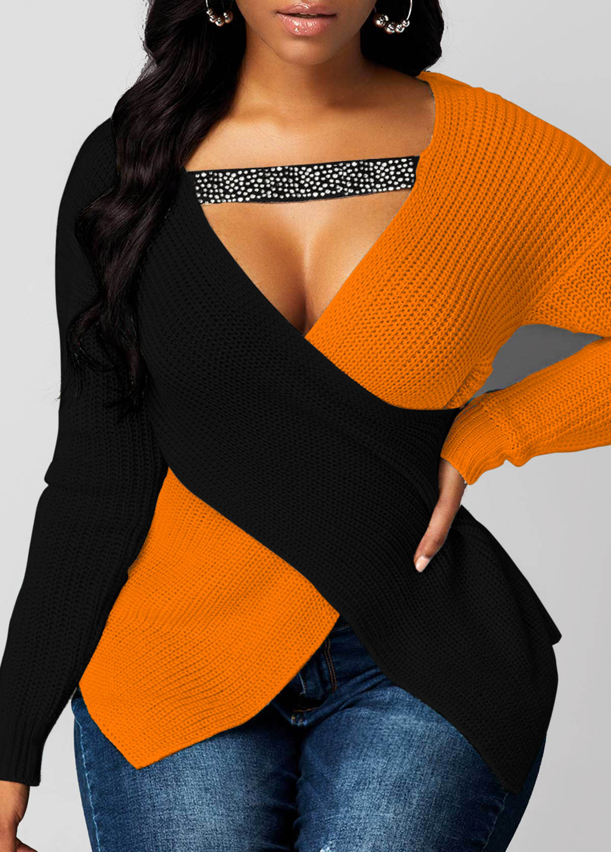 Black tops,Contrast Color tops,Long Sleeve Asymmetric Hem Contrast Sweater