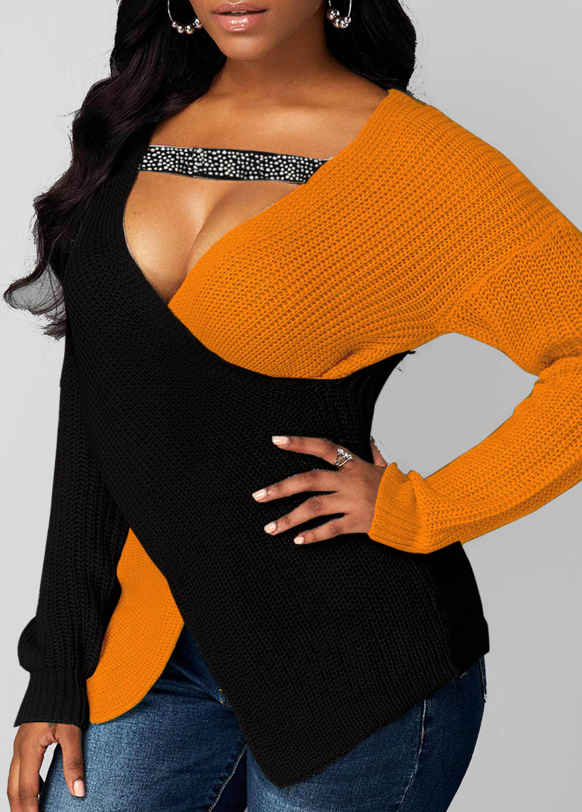 Black tops,Contrast Color tops,Long Sleeve Asymmetric Hem Contrast Sweater