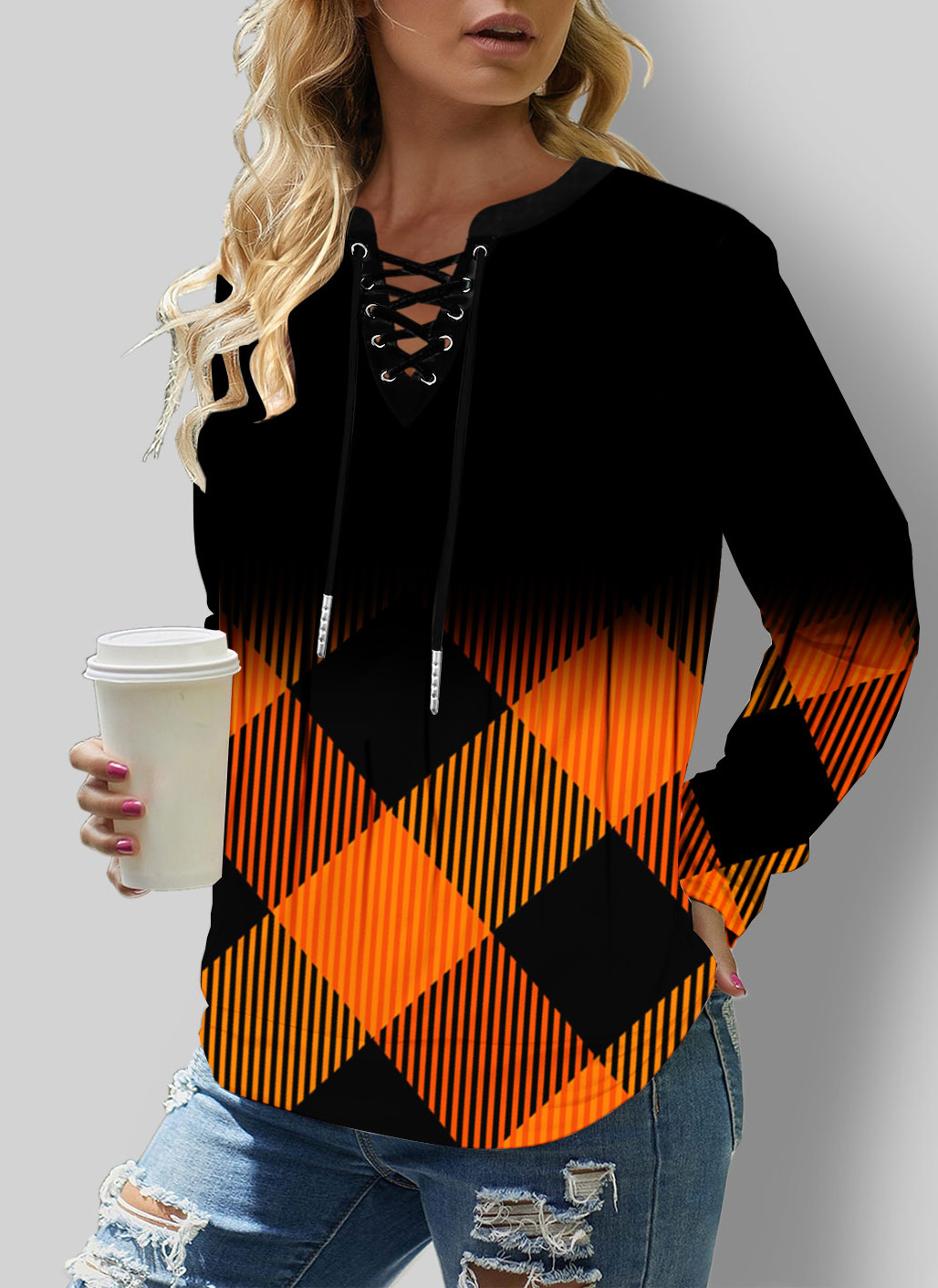 ROTITA Plaid Lace Up Ombre Long Sleeve Sweatshirt
