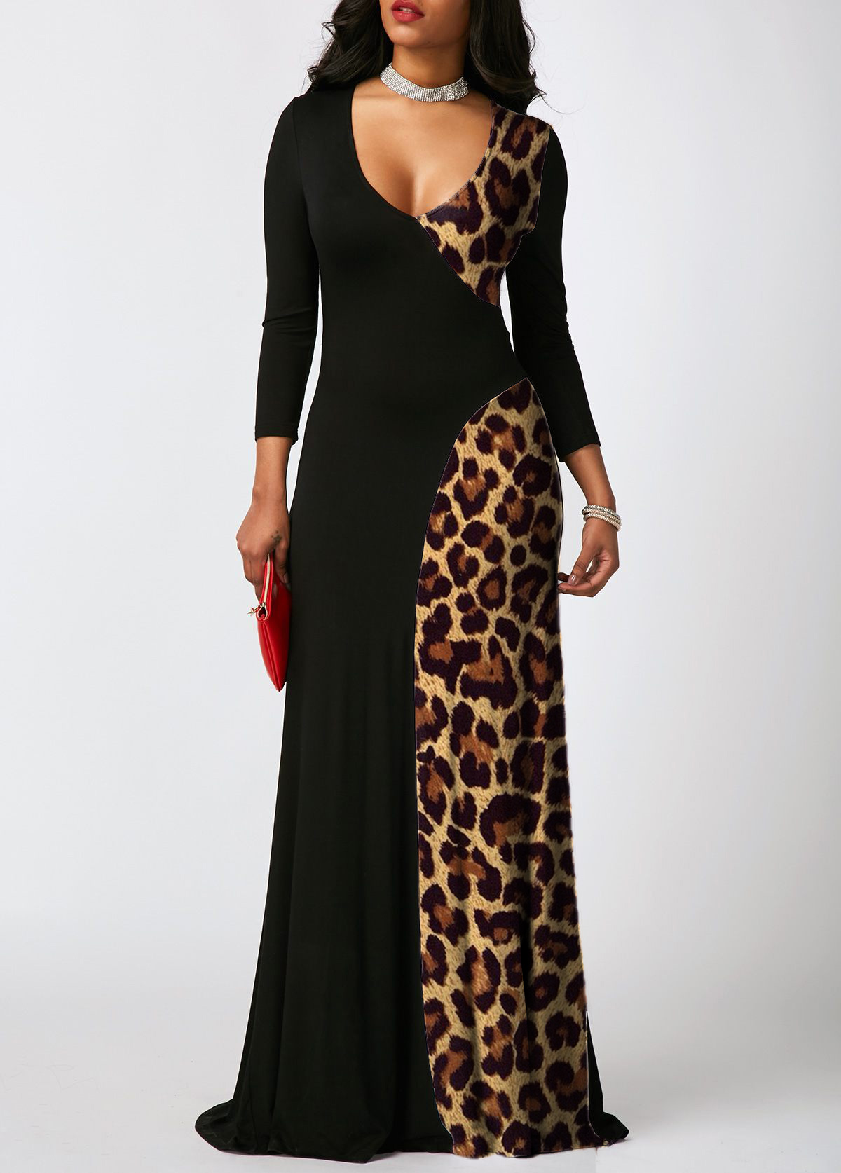 Multi Color dresses,Leopard dresses,ROTITA Contrast Leopard 3/4 Sleeve Maxi Dress