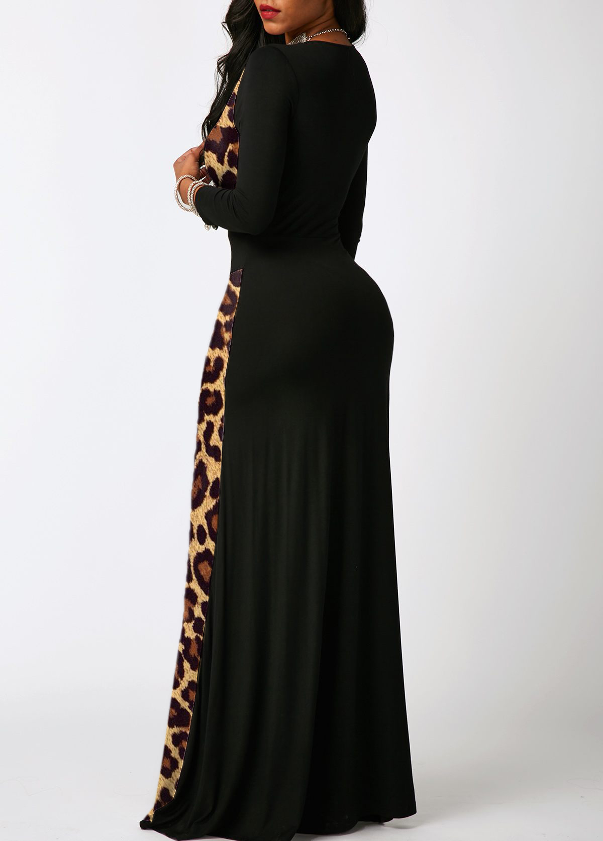 Multi Color dresses,Leopard dresses,ROTITA Contrast Leopard 3/4 Sleeve Maxi Dress