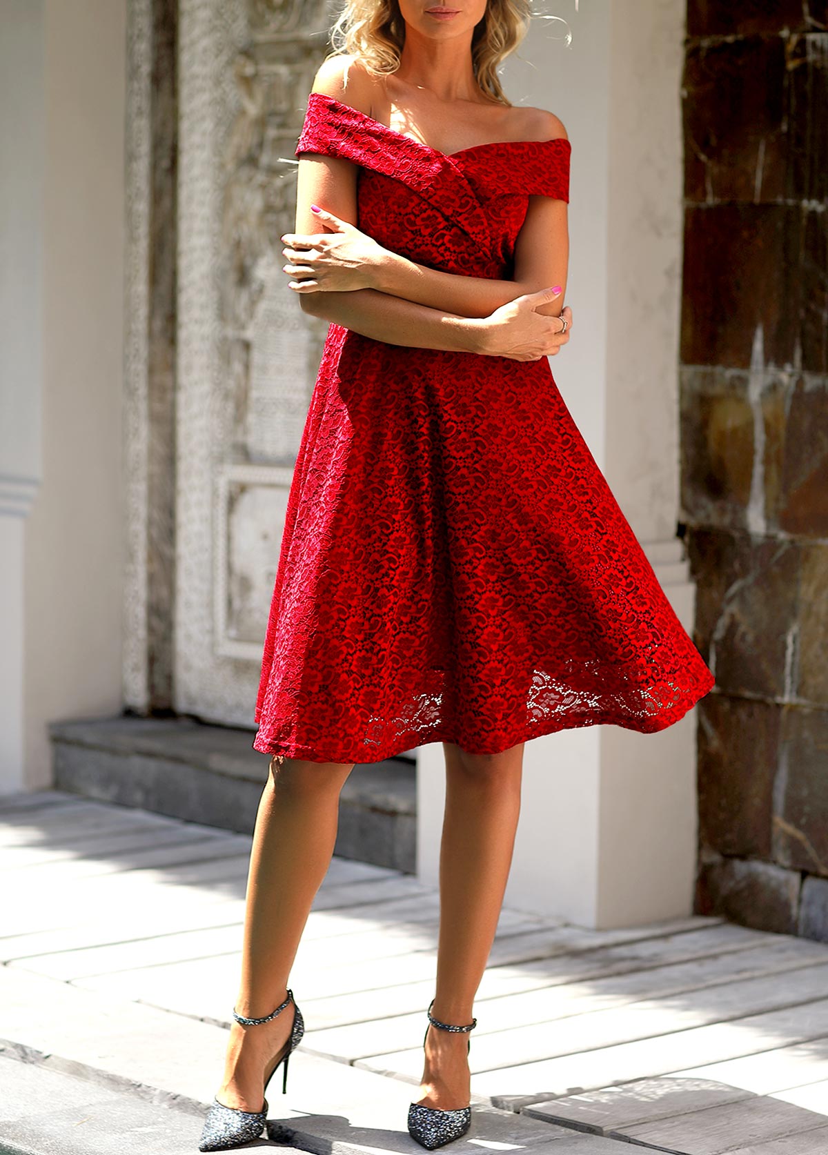 ROTITA Short Sleeve Lace Wine Red Off Shoulder Dress