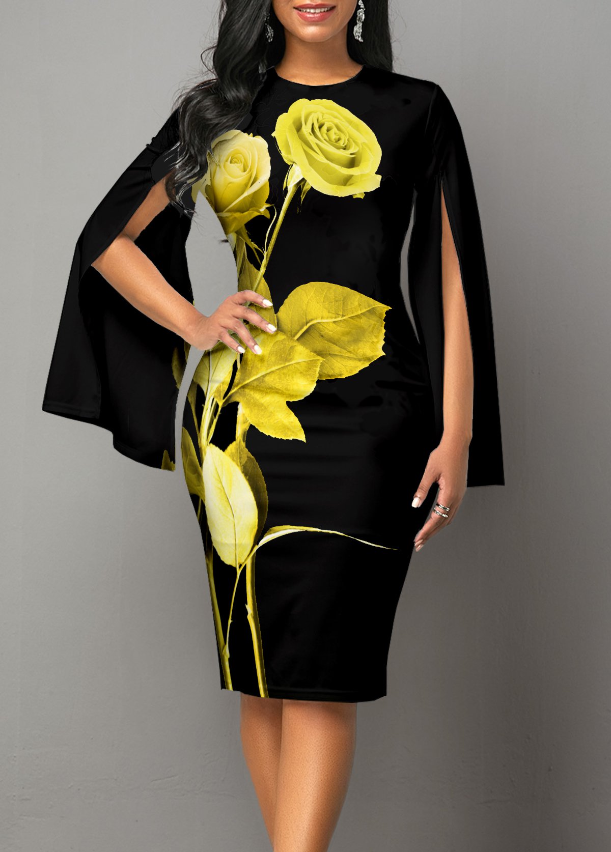 ROTITA Floral Print Round Neck Long Sleeve Dress