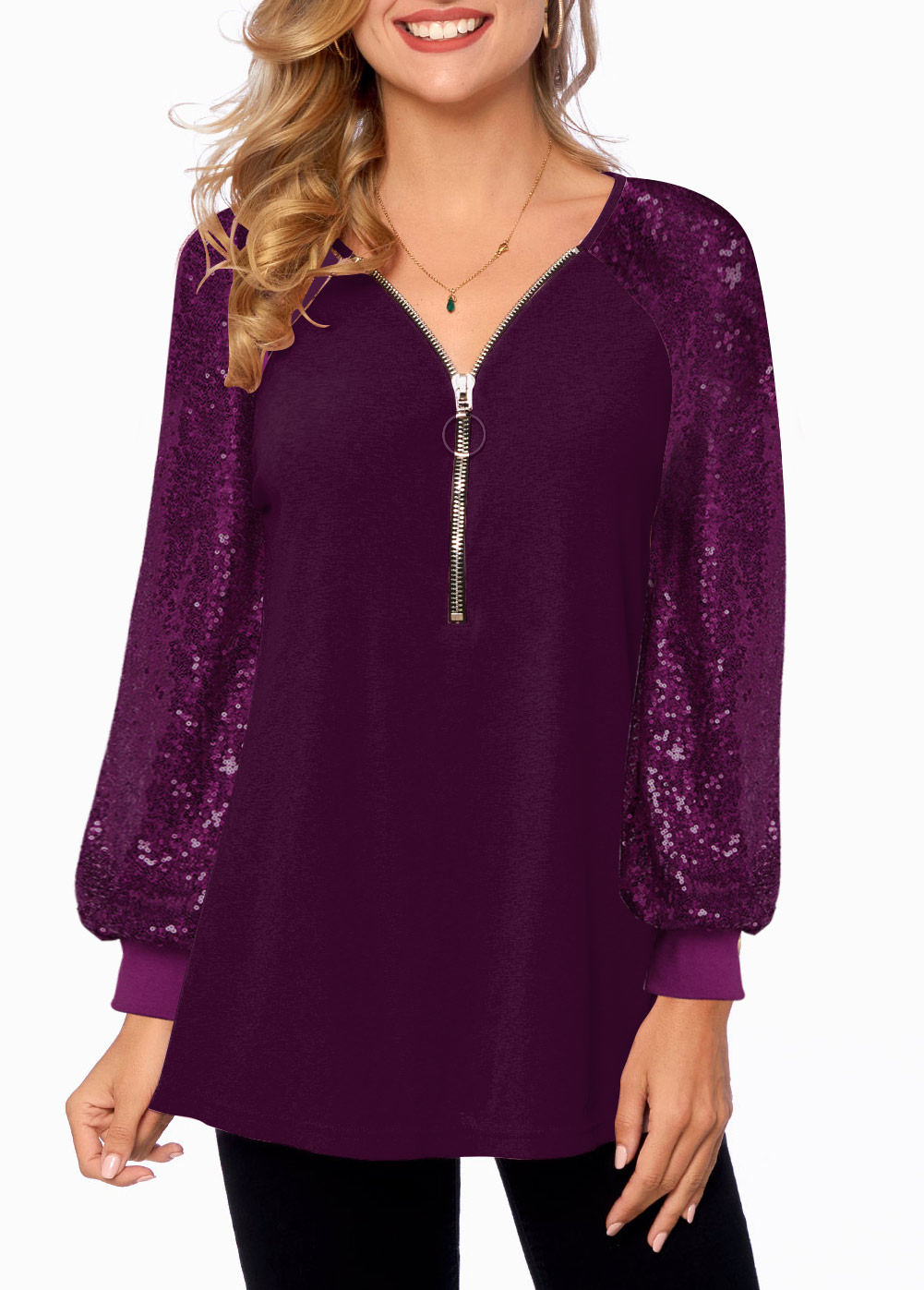 Purple tops,Plain Color tops,ROTITA Solid Quarter Zip Long Sleeve T Shirt