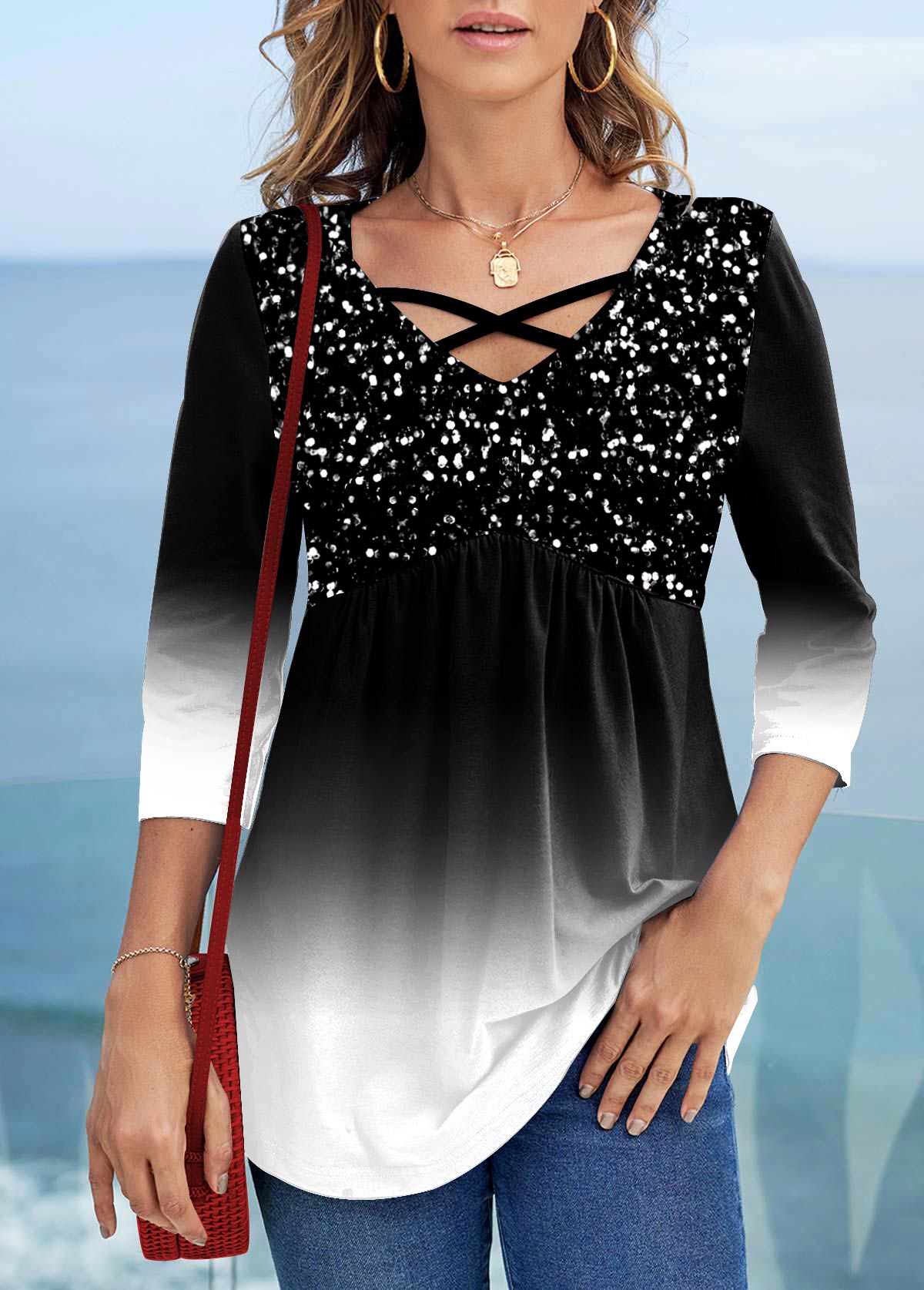 ROTITA Sequin Ombre 3/4 Sleeve Cross Strap T Shirt