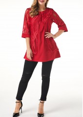 Wine Red tops,Plain Color tops,ROTITA Wine Red Round Neck Fake Two Piece Twinset