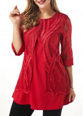 Wine Red tops,Plain Color tops,ROTITA Wine Red Round Neck Fake Two Piece Twinset