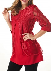 Wine Red tops,Plain Color tops,ROTITA Wine Red Round Neck Fake Two Piece Twinset