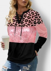 ROTITA Sequin Panel Lace Up Leopard Sweatshirt