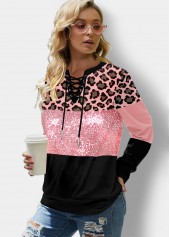 Pink tops,Leopard tops,ROTITA Sequin Panel Lace Up Leopard Sweatshirt
