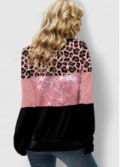 Pink tops,Leopard tops,ROTITA Sequin Panel Lace Up Leopard Sweatshirt