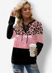 Pink tops,Leopard tops,ROTITA Sequin Panel Lace Up Leopard Sweatshirt