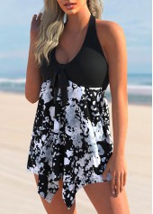 Black swimwear,Floral swimwear,ROTITA Asymmetric Hem Printed Halter Swimdress and Panty
