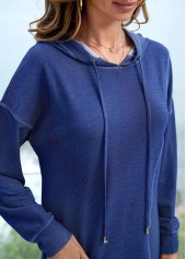 Denim Blue tops,Plain Color tops,ROTITA Long Sleeve Solid Pocket Drawstring Detail Hoodie