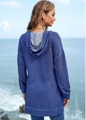 Denim Blue tops,Plain Color tops,ROTITA Long Sleeve Solid Pocket Drawstring Detail Hoodie