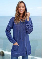 Denim Blue tops,Plain Color tops,ROTITA Long Sleeve Solid Pocket Drawstring Detail Hoodie