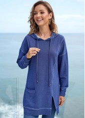 Denim Blue tops,Plain Color tops,ROTITA Long Sleeve Solid Pocket Drawstring Detail Hoodie