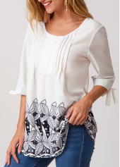 Multi Color tops,Dot tops,ROTITA Decorative Button Crinkle Chest Round Neck Blouse