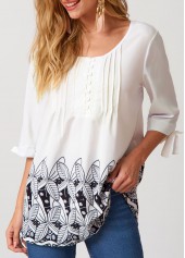 ROTITA Decorative Button Crinkle Chest Round Neck Blouse