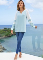 Blue tops,Contrast Color tops,ROTITA Split Neck Contrast Long Sleeve Sweatshirt