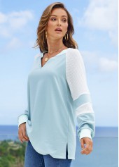 Blue tops,Contrast Color tops,ROTITA Split Neck Contrast Long Sleeve Sweatshirt