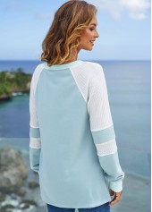 Blue tops,Contrast Color tops,ROTITA Split Neck Contrast Long Sleeve Sweatshirt