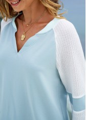 Blue tops,Contrast Color tops,ROTITA Split Neck Contrast Long Sleeve Sweatshirt