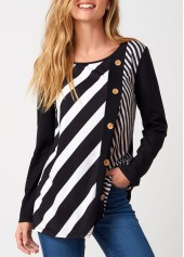 Multi Color tops,Striped tops,ROTITA Stripe Print Decorative Button Round Neck T Shirt
