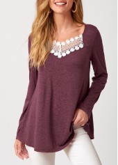 ROTITA Lace Patchwork Dark Reddish Purple T Shirt