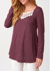 Dark Reddish Purple tops,Plain Color tops,ROTITA Lace Patchwork Dark Reddish Purple T Shirt