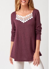Dark Reddish Purple tops,Plain Color tops,ROTITA Lace Patchwork Dark Reddish Purple T Shirt