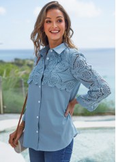 Blue plus size,Plain Color plus size,ROTITA Faux Denim Plus Size Lace Stitching Blouse