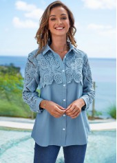 Blue plus size,Plain Color plus size,ROTITA Faux Denim Plus Size Lace Stitching Blouse