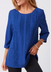 Blue tops,Plain Color tops,ROTITA Lace Stitching Crinkle Chest Solid Round Neck Blouse