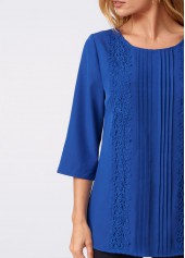 Blue tops,Plain Color tops,ROTITA Lace Stitching Crinkle Chest Solid Round Neck Blouse