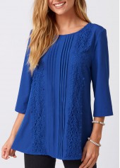 Blue tops,Plain Color tops,ROTITA Lace Stitching Crinkle Chest Solid Round Neck Blouse