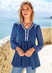 Navy tops,Contrast Color tops,ROTITA Decorative Button V Neck Navy Blouse