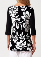 Multi Color tops,Floral tops,ROTITA Decorative Button Floral Print V Neck T Shirt