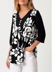 Multi Color tops,Floral tops,ROTITA Decorative Button Floral Print V Neck T Shirt
