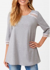 Grey tops,Contrast Color tops,ROTITA Lace Patchwork Round Neck Three Quarters Sleeve T Shirt