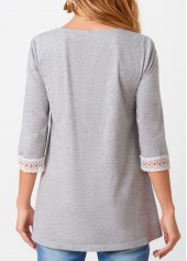Grey tops,Contrast Color tops,ROTITA Lace Patchwork Round Neck Three Quarters Sleeve T Shirt